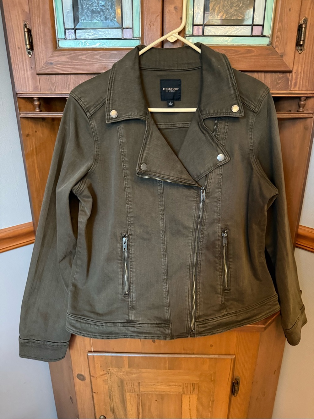 Liverpool Los Angeles Bradford Denim Moto Jacket Olive Green Size L